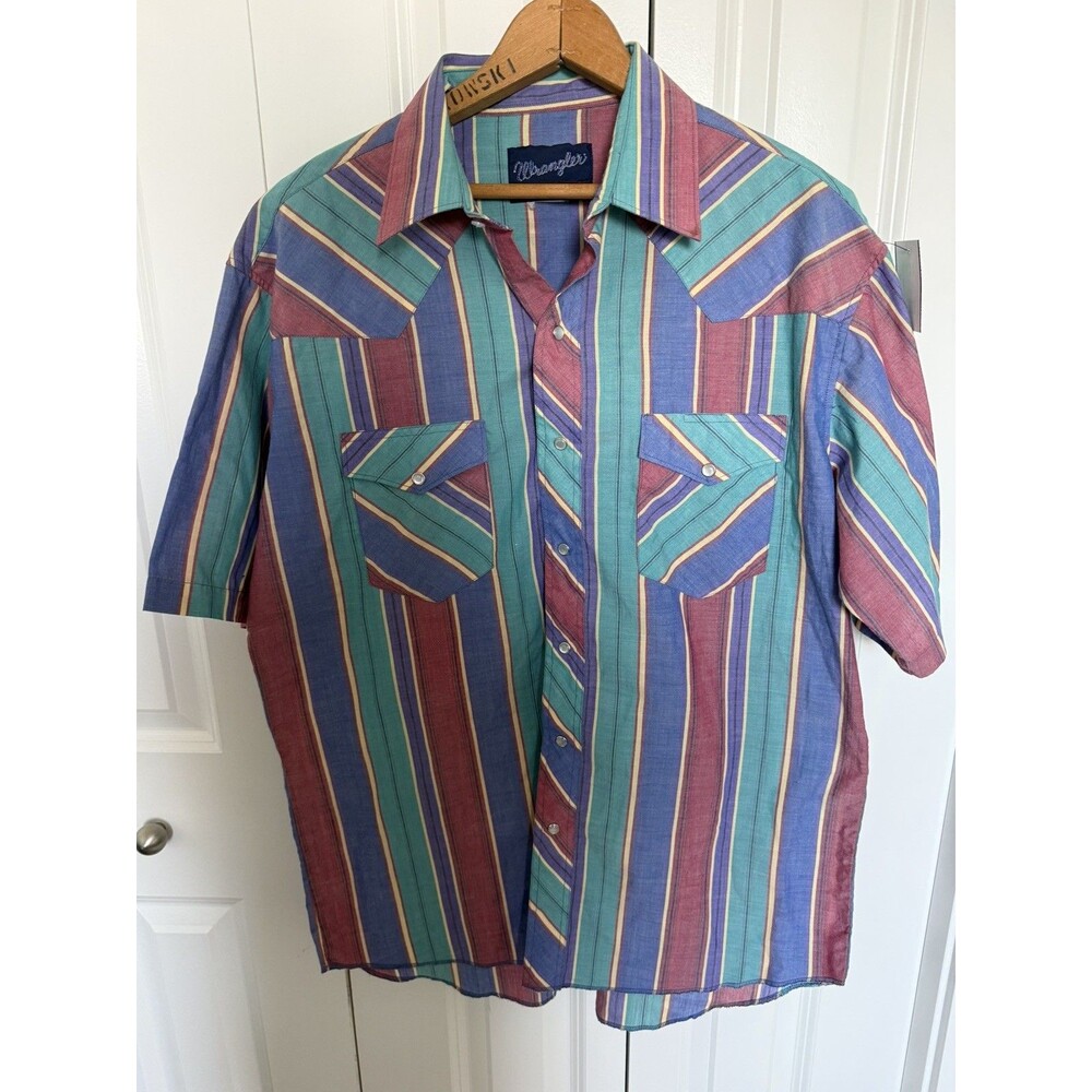 Vtg Wrangler X Long Tails Man Western Shirt Mens Pearl Snap Striped Short Sleeve